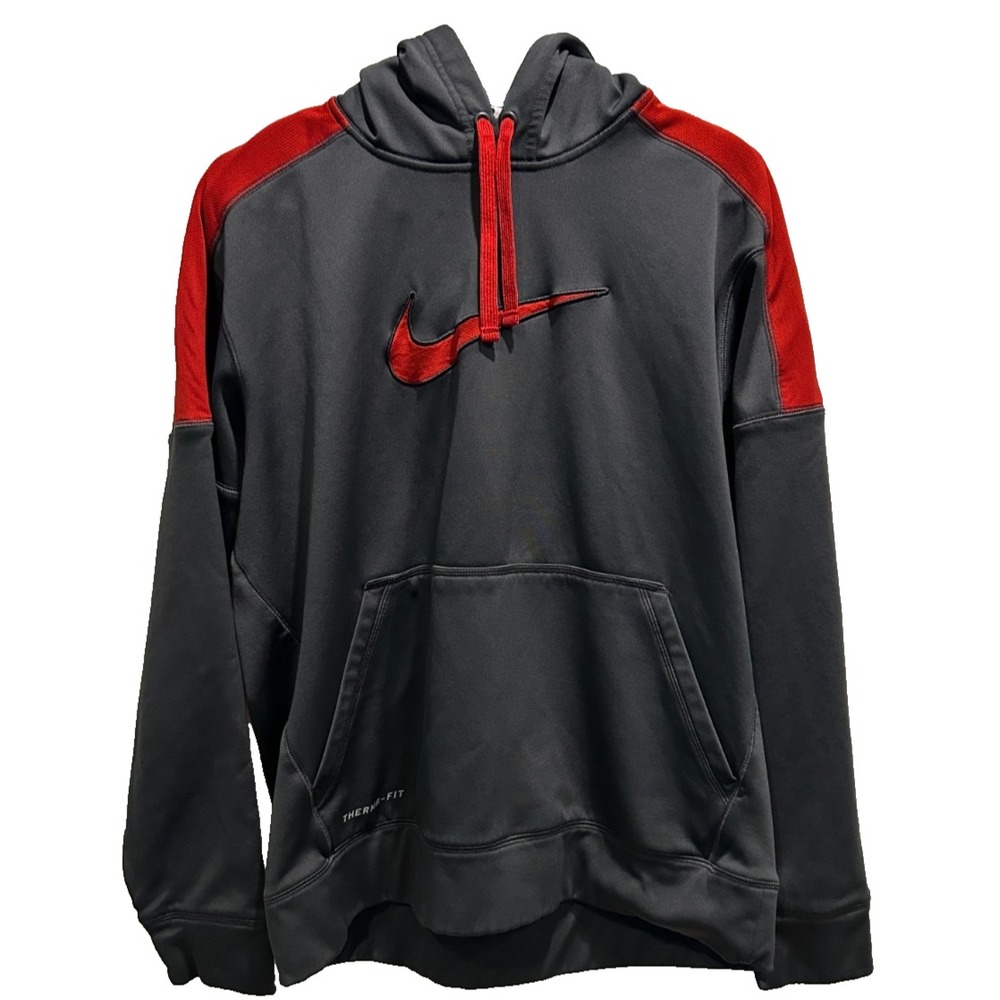 Nike Therma Fit‎ Men's Hoodie Dark Gray with Red Trim Kangaroo Pocket Drawstring